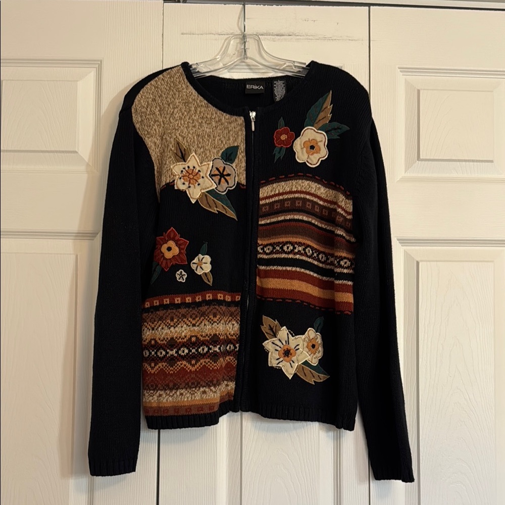 Erika Embroidered Sweater Zip Cardigan Women’s L Black Floral Stripe. F1